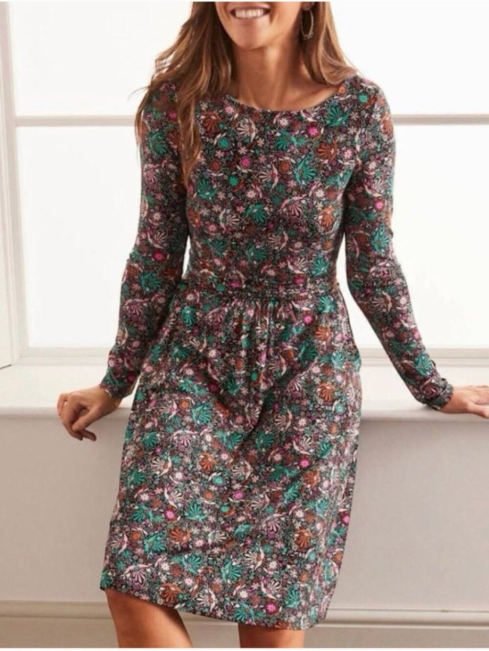 Boden Abigail Dress 12P Black Floral Confetti Pink Green Jersey Knit Stretch